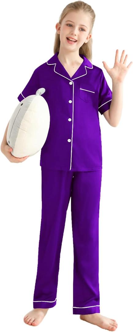 Veseacky Girls Silk Pajamas Short Sleeve Pjs for Kids Satin Two Piece Lounge Sets Sleepwear with Long Pants (Purple,12y) (Purple)