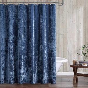 Fredsure Distressed Velvet Shower Curtain Set, 13 Pieces Navy Including 1 Piece 72"x72" Shower Curtain and 12 Pieces Silver Hooks