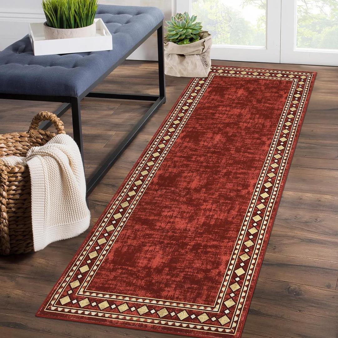 CAROMIO Christmas Runner Rug Modern Bordered Hallway Runner Rug, Washable Area Rug Stain Resistant Non-Slip Carpet Minimalist Border Floor Cover Entryway Rug for Laundry Kitchen, Maroon, 2' x 6'