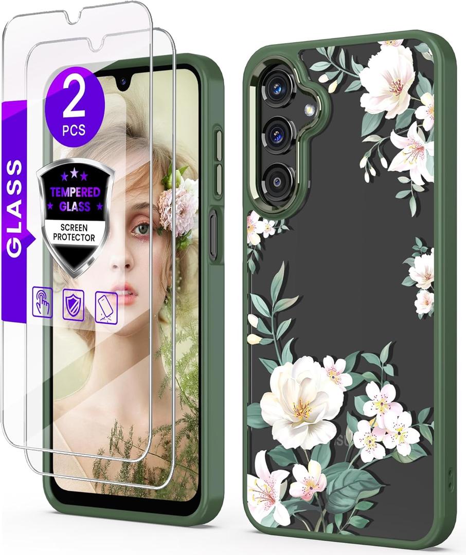 for Samsung Galaxy A14 5G Case with Tempered Glass Screen Protector [2 Pack],[Military Grade Protective] Slim Soft TPU & Hard PC,Girls Women Crystal Clear Flower Pattern Cases (Magnolia) (Golden Shield Flower Series-Magnolia)