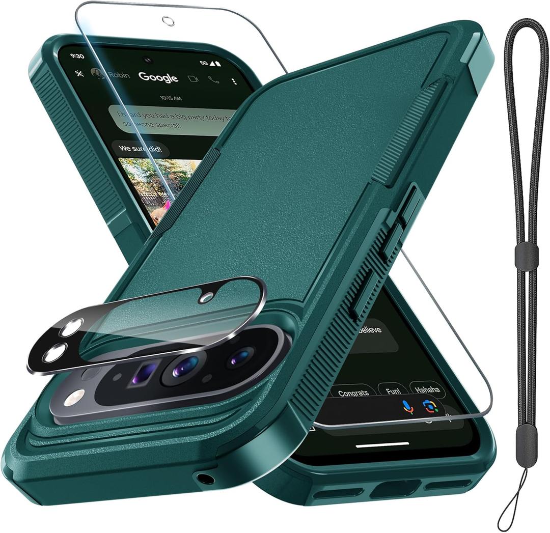 for Google Pixel 10 Pro XL Case with Wrist Lanyard Strap+Tempered Glass Screen Protector+Camera Lens Cover,Full Body Heavy Duty Rugged Shockproof Protective Phone Cover,Dark Green