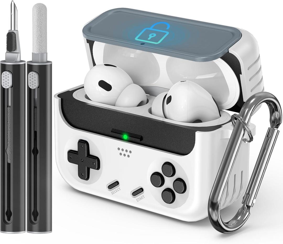 Inesore for Airpods Pro 2nd Generation Case Cover with Cleaner Kit,with Lock for Airpods Pro Case Cover,Classic Cool Funny Game Console Hard Air Pod Pro Case for Men Boy(White)