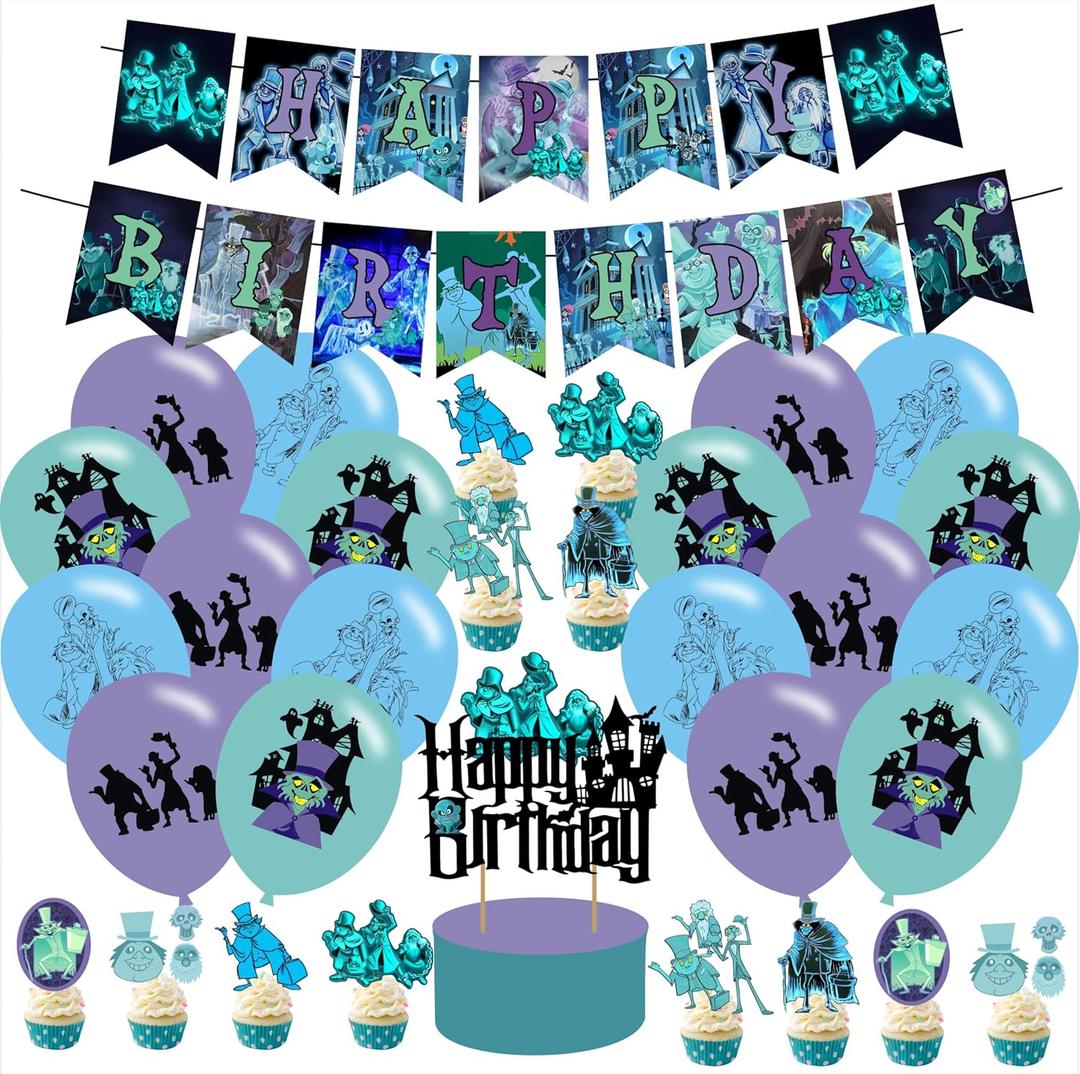 Haunted Mansion Birthday Party Decorations, Halloween Horror Theme Party Supplies with Happy Birthday Banner, Cupcake Cake Toppers, Balloons for Fans Adults Party Favors