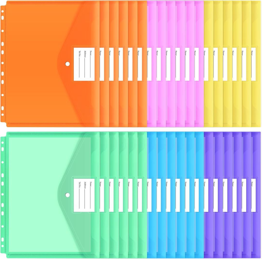 EOOUT 30pcs Binder Pocket, Binder Pockets for 3 Ring, Binder Folders, 11 Holes, Letter Size, Snap Button Pouch with Label for School, Home and Office (Colorful)