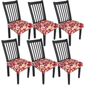 Stretch Dining Chair Seat Covers Set of 6,Dining Chair Slipcovers, Floral Printed Chair Covers,Soft Fabric Washable Upholstered Chair Seat Protector, No Rear Covers for Home Kitchen Dining Room (Redflame Flowers)