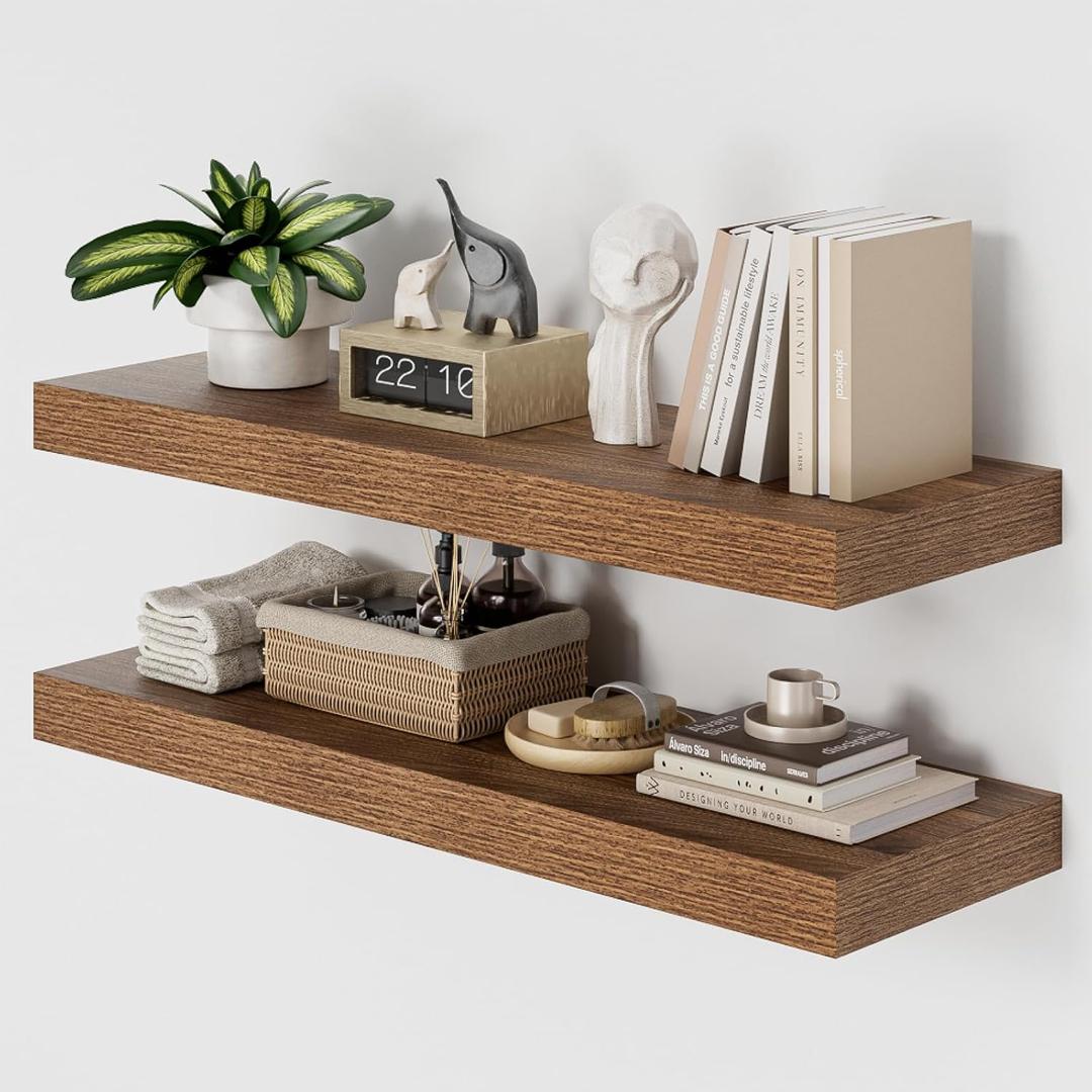 Heimlove Floating Shelf for Wall, 12" Deep Floating Shelves Wall Shelves for Bedroom Living Room Bedroom,Wall Mounted Shelves for Storage Book Decor, Set of 2, Walnut