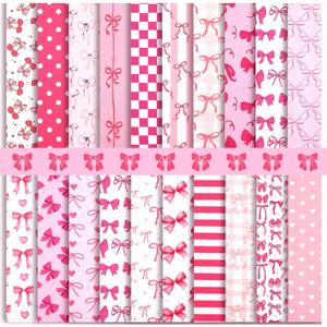 HunnmingRe 20 Pcs 10''x10'' Pink Bow Quilting Fabric Square Coquette Bow Precuts Quilted Fabric Bundle Heart Plaid Polka Dot Stripes Printed Sewing Material for Holiday Patchwork DIY Craft Supplies