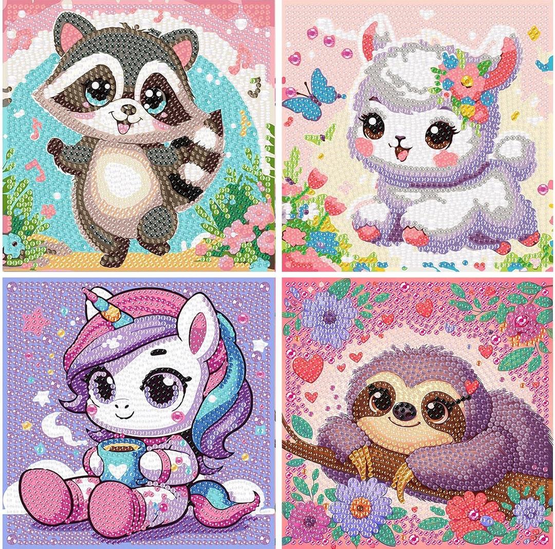 xackcme 4 PCS Diamond Art Painting Kits for Kids, Animal Diamond Art for Kids Ages 4-8-12, Sloth Alpaca Raccoon Gem Painting Kit Crafts Beginners for Gift Home Wall Decor (6x6 inch)