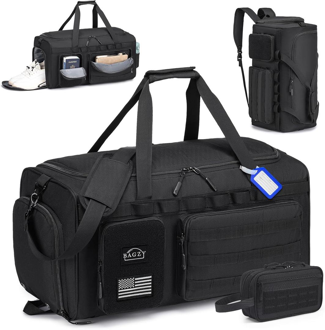 BAGZY Tactical Gym Bags for Men 3 In 1 Travel Duffle Bag 40L with Shoe Compartment Travel Backpack Fitness Weekender Deployment with 1pcs Tactical Toiletry Bag Black