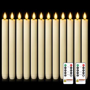 Homemory 12 Pcs Waxy Flameless Taper Candles with Remote, Flickering Battery Operated Taper Candles, Led Flameless Candlesticks Classic Tall Candle for Home, Wedding, Party, Ivory, 9.6 inches