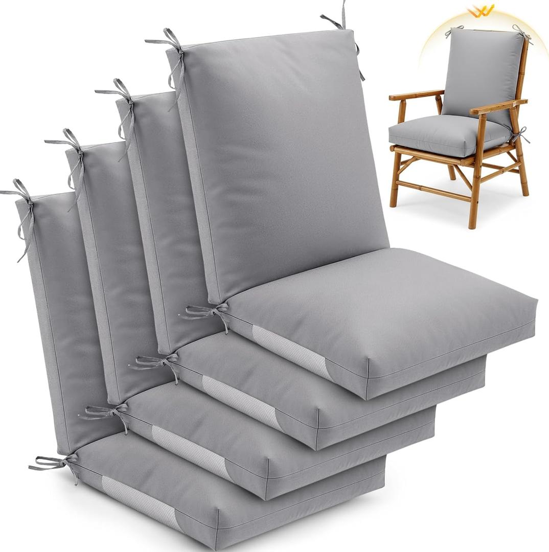 Geelin 4 Pack High Back Patio Chair Cushions for Outdoor, 44 x 21 x 5 Inch Tufted Seat and Back Pads with Ties, Thick Weather Resistant Cushions for Outdoor Furniture (Light Gray)