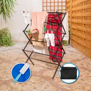 Adjustable Drying Rack with 20 Wooden Clips, Laundry Bag, and Hair Removal Brush: Space-Saving Design for Towels, Delicates, and Kids Clothes - PVC and Iron Construction