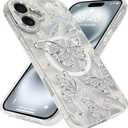 BITOBE Designed for iPhone 16 Case Silver Butterfly Design, Slim Shiny Glitter Shockproof Bumper Compatible with Magsafe Charging with Camera Protection for Women Girls Men 6.1"-Silver