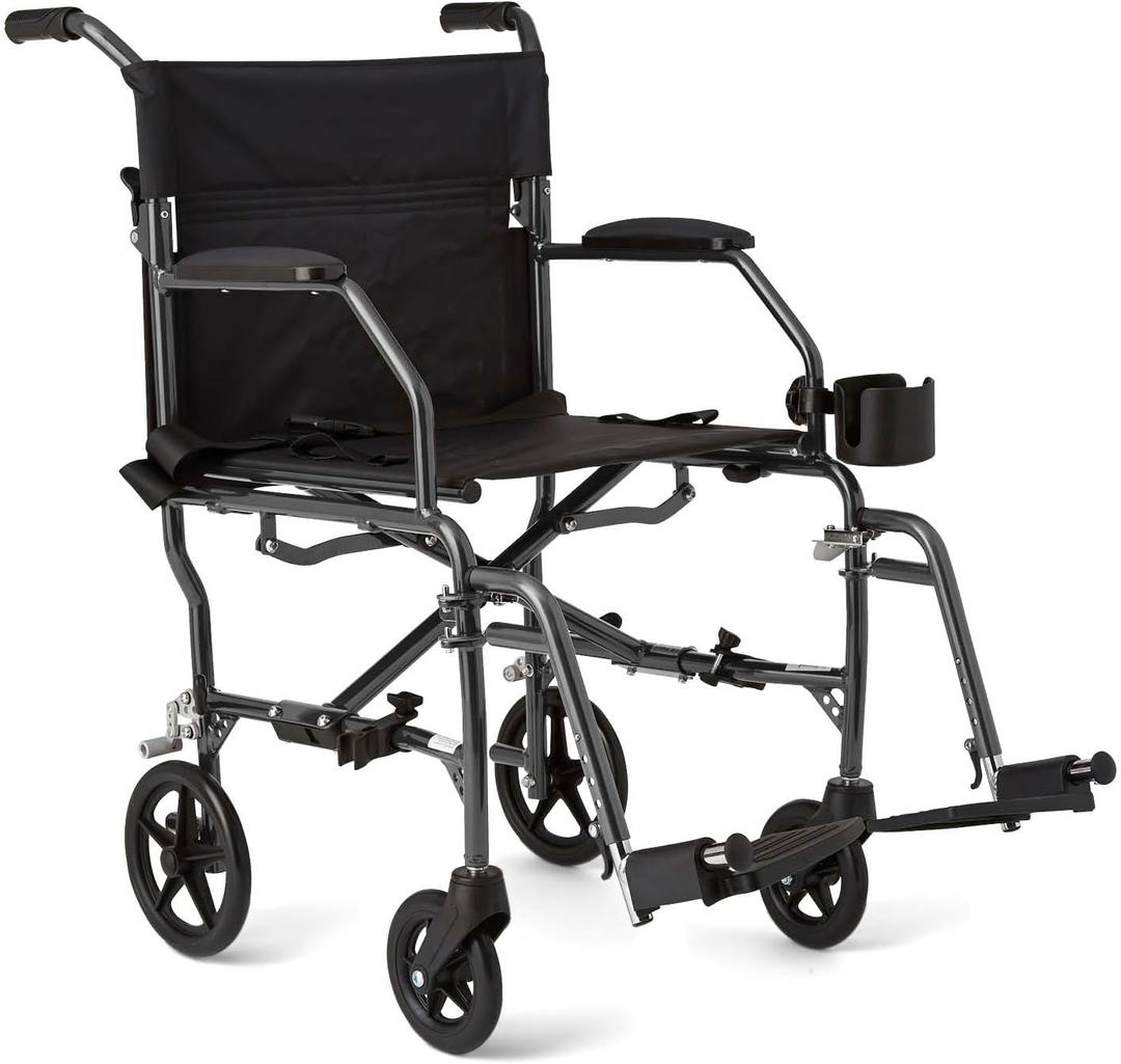 Medline Ultralight Transport Wheelchair, 19" Wide Seat, Foldable Chair with Desk-Length Arms, Metallic Silver Frame - Lightweight, Compact, Portable