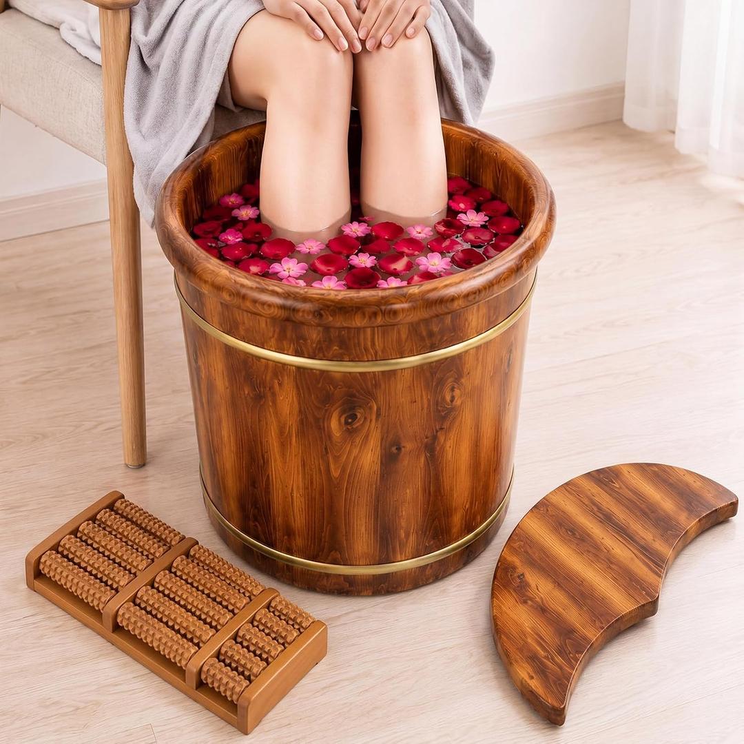 Geelin 15.75" Wooden Foot Bath Bucket with Lid & Massage Roller, Thick Insulated Spa Foot Soak for Relaxation, Massage Soles, Circulation, Elderly & Athletes, Home & Family Use