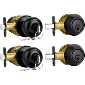 2 Pack Front Door Lock Set Matte Black,Exterior Door Lock Set with Deadbolt,Single Cylinder Deadbolt Lock and Door Knob Set,Keyed Alike Door Knobs with Lock&Keys,Round Ball Entry Door Lockset