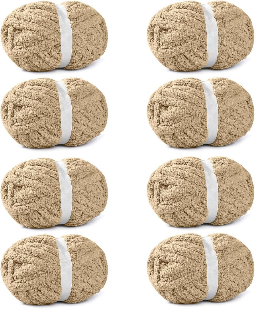 8 Pack Khaki Chunky Chenille Yarn for Crocheting, Blanket Extra Thick Yarn, Super Bulky Large Soft Fluffy Plush Fuzzy Thick Chenille Yarn-1 Pack of 226g/7.97oz- Knitting/Crochet-Khaki