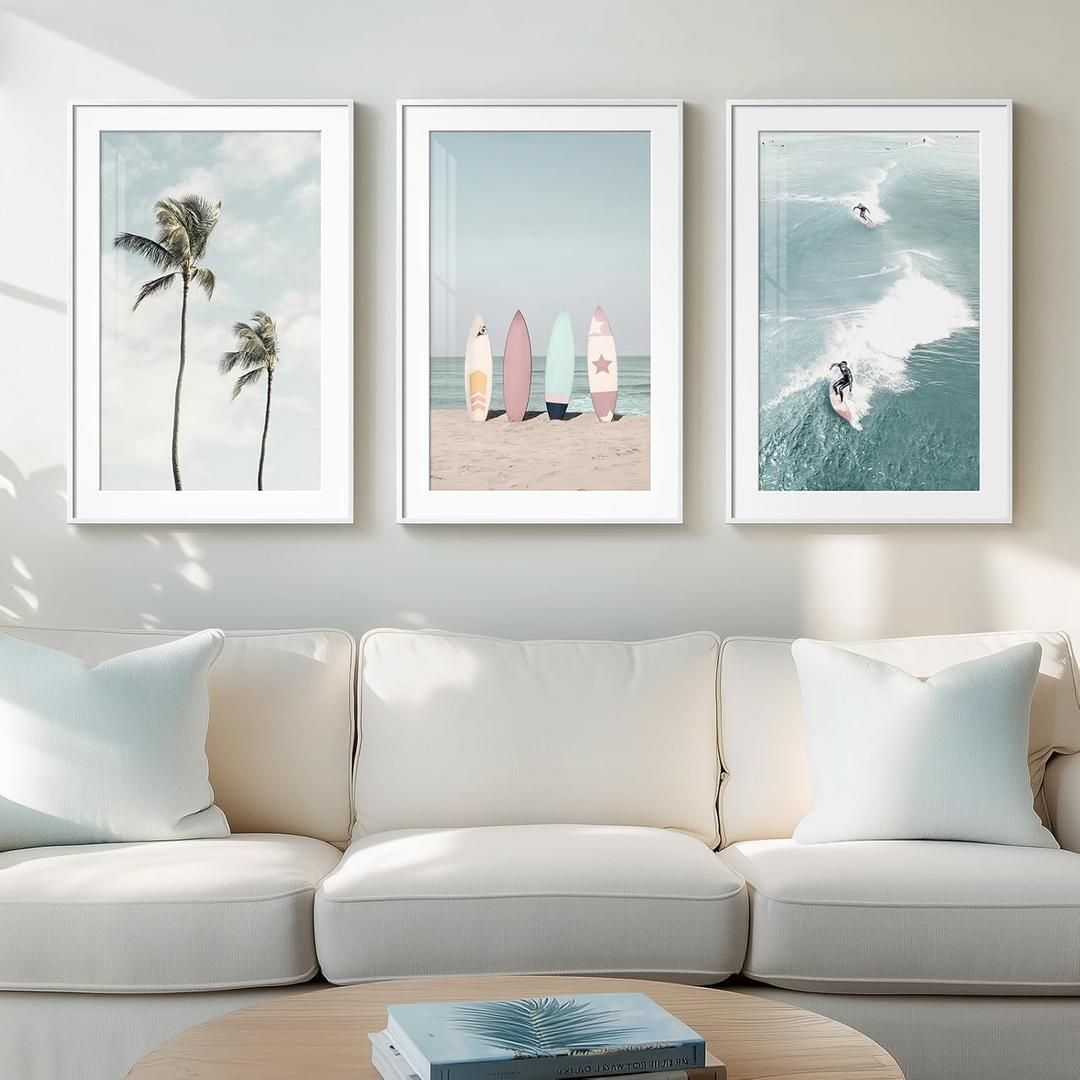 Framed Coastal Wall Art for Living Room, 3 Piece Beach Surfboard Palm Tree Artwork for Walls, Large Ocean Surfing Seascape Picture Prints, Beach Coastal Wall Decor for Bedroom Hallway Office, 16x24 In