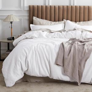 Bedsure Cotton Duvet Cover Queen - 100% Cotton Waffle Weave Bright White Duvet Cover Queen Size, GentleSoft and Breathable Bedding Set for All Season, 3 Pieces, 90"x90"