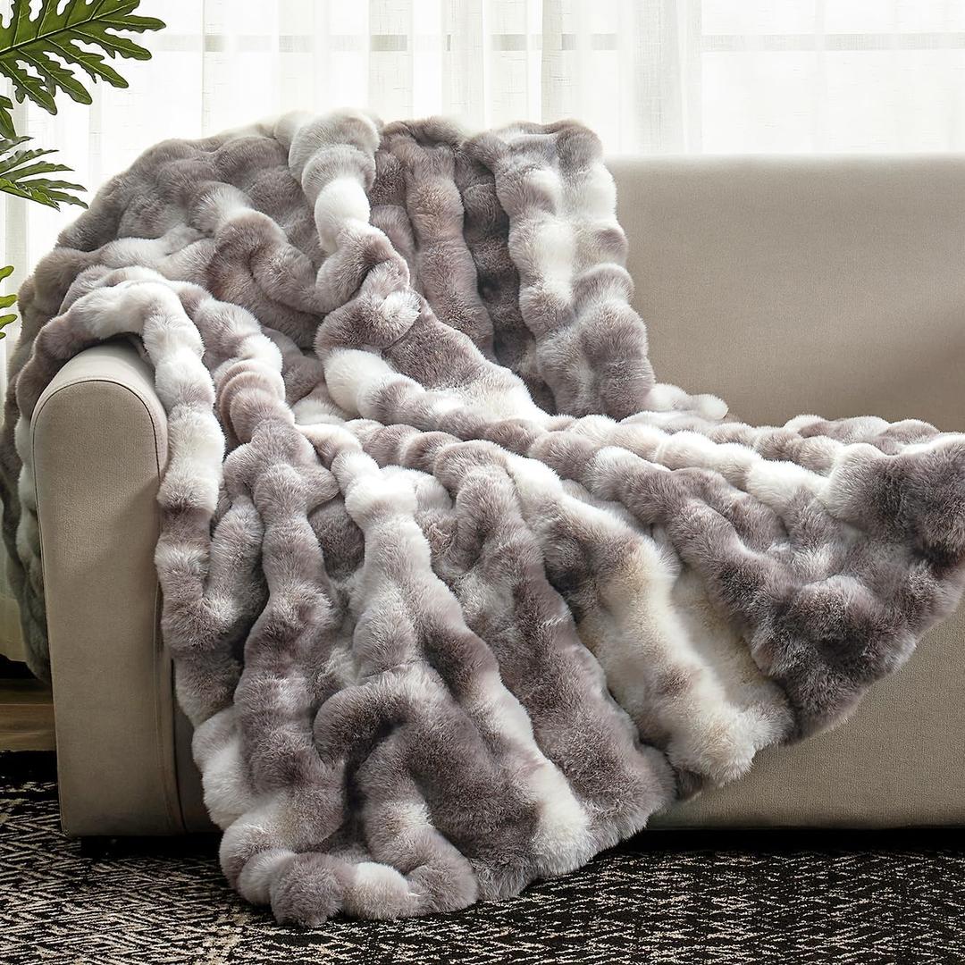 Cozy Bliss Faux Fur Throw Blanket for Couch, Fuzzy Soft Plush Thick Bubble Blanket for Sofa Bedroom Living Room, 50 * 60 Inches Tie-Dye Taupe