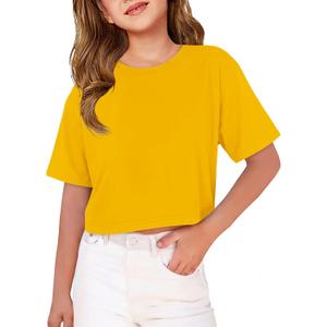 ZDC Girls T Shirts Short Half Sleeve Crew Neck Drop Shoulder Loose Fit Summer Crop Tops 5-14 Years (Yellow)