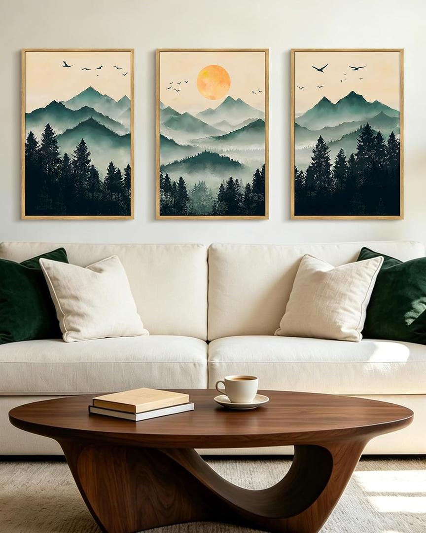 PHOPAGO Green Fog Pine Tree Mountain Landscape Framed Wall Art 16x24in Watercolor Nature Misty Forest Artwork Paints Sun Rise Rustic Farmhouse Home Decor - Natural Framed