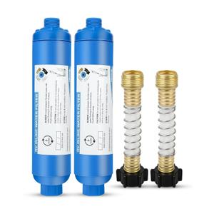 RV Inline Water Filter with 2 Flexible Hose Protector, Reduces Chlorine, Bad Taste, Corrosion, Rust, Sediments and Turbidity, Ideal for RVs, Garden, Gardening, Car Washing, Planting, 2 Pack