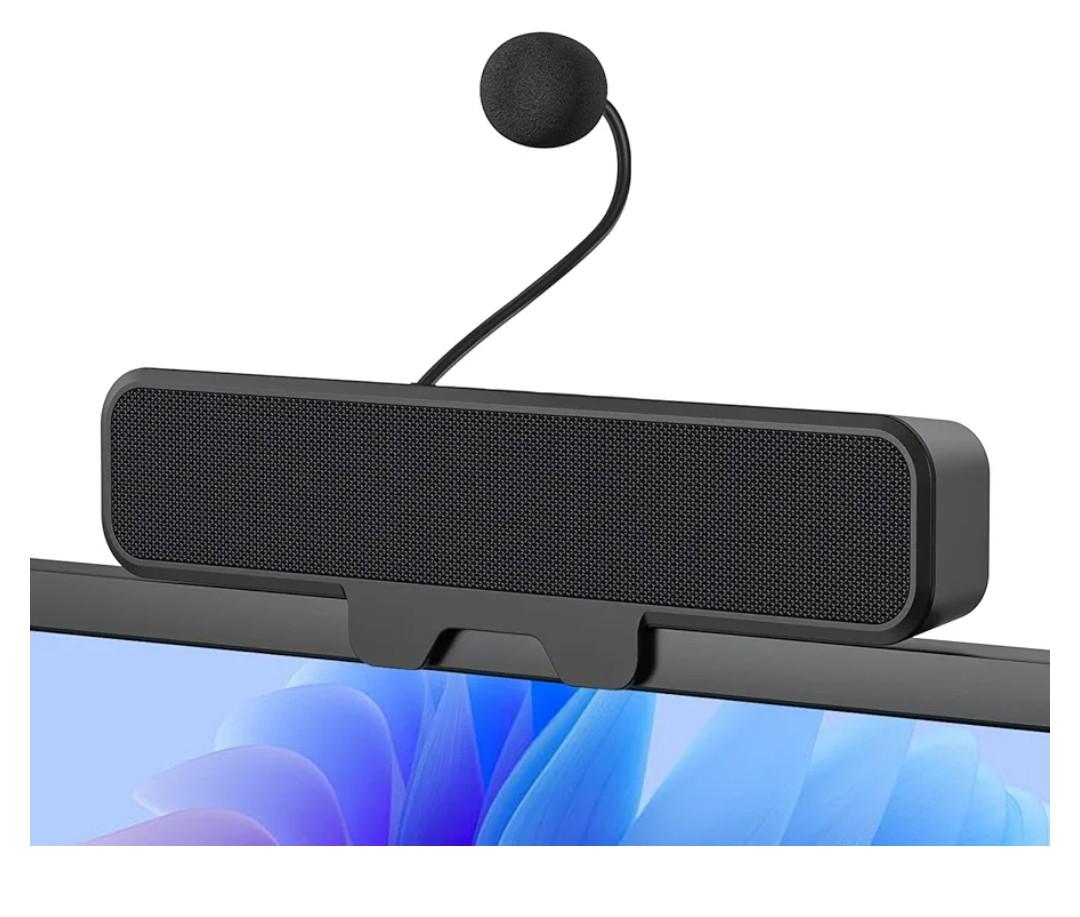 Computer Speakers with Microphone for Desktop PC, USB Monitor Speakers with Clip, Wired Laptop Sound Bar, Stereo & Bass, PC Speaker w/Mic for Meeting/Gaming/Online Learning, Easily Clamps to Monitor