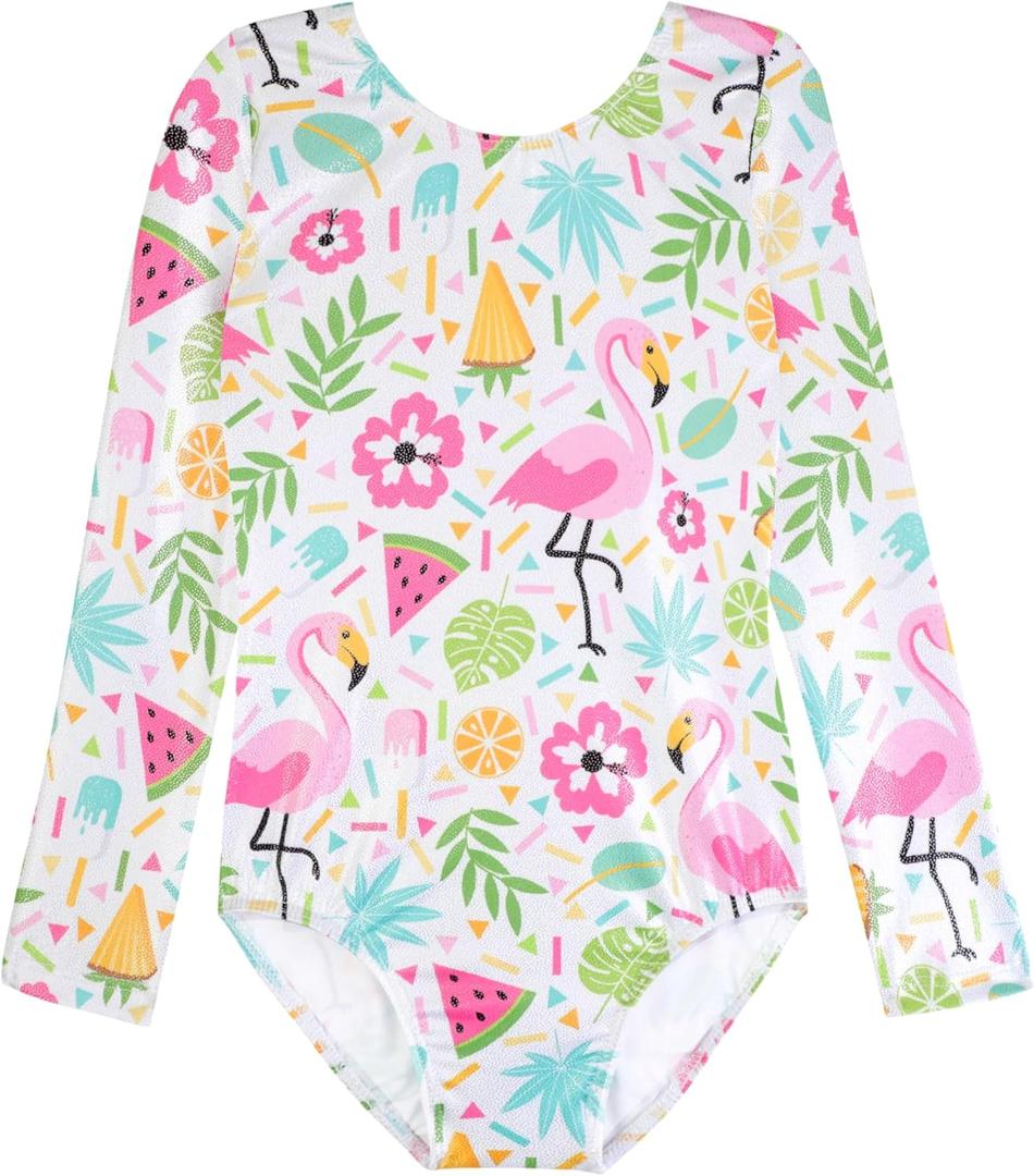 HOZIY Long Sleeve Leotards for Girls Gymnastics Kids Toddler Tumbling Outfits Floral Unicorn Galaxy Rainbow Stripe Pattern (9-10 Years, Flamingo)