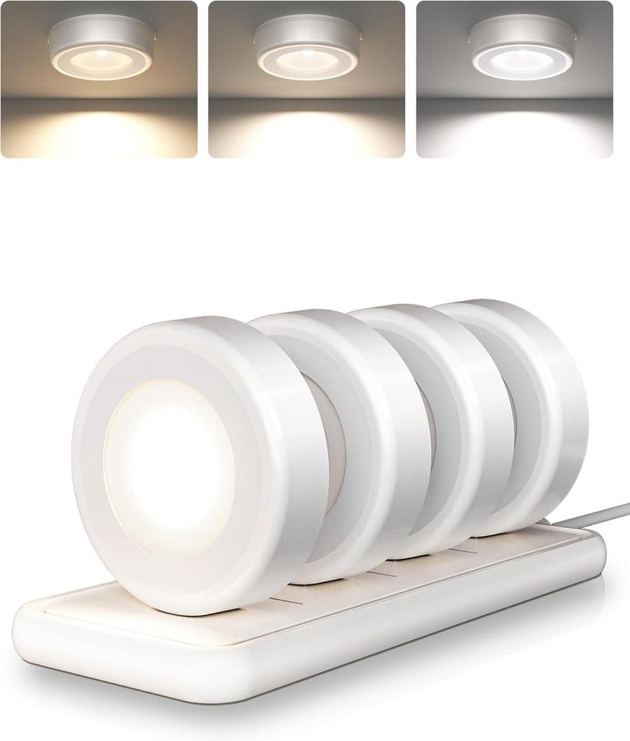 EZVALO LED Puck Lights with Charging Station, Rechargeable Sitck On Tap Lights, Wireless Closet Light, 3 Color Temps, Under Cabinet Lights, 2.5'' Mini Touch Light for Kitchen,Pantry,Shelves(4 Pack) (White)