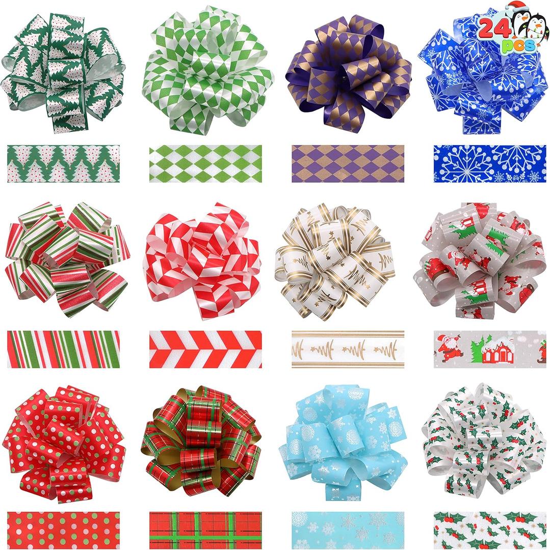 JOYIN 24 Present Wrap Ribbon Pull Bows 5", Easy and Fast Gift Wrapping Accessory for Christmas Bows Baskets Bottles Gifts Decoration, Present Decor