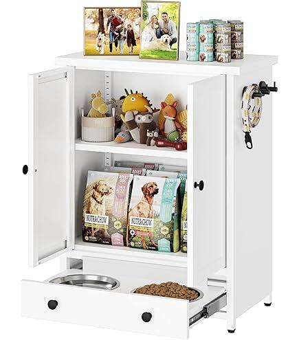 Dog Feeding Station with Storage, Metal Pet Feeding Station, Dog Food Storage Cabinet with 2 Hidden Dog Bowls and 3 Hooks, Cat Feeding Station, Pet Feeder Station for Food and Pet Supplies Storage