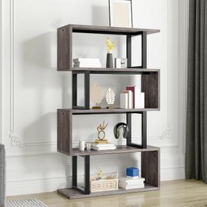 YITAHOME 5-Tier Bookshelf, S-Shaped Z-Shelf Bookshelves and Bookcase, Industrial Freestanding Multifunctional Decorative Storage Shelving for Living Room Home Office, Gray + Black (Grey)