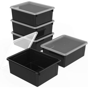 Storex Letter Size Deep Storage Tray Organizer Bin with Non-Snap Lid for Classroom, Office and Home, Black, 5-Pack (62543A05C), 10 x 13 x 5 Inches