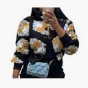 Aimiray Women's Cropped Fleece Jacket Long Sleeve Warm Bomber Sherpa Jacket Floral Printed Varsity Coats Small