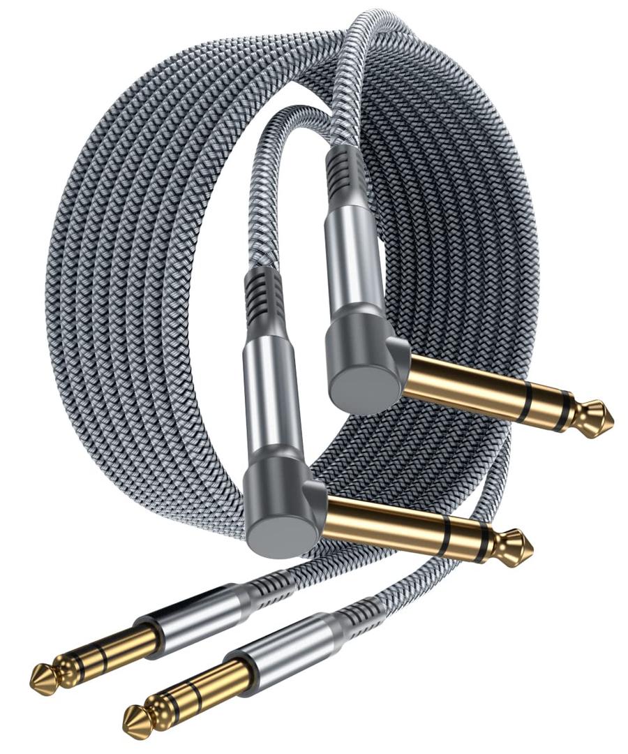 Elebase 1/4 Quarter Inch TRS Instrument Cable 10ft 2-Pack,Right-Angled to Straight 6.35mm Guitar Bass AMP Cord,6.3mm Male Stereo Audio Line for Electric Guitar, Bass, Keyboard, Mixer, Amplifier, Speaker (Grey)