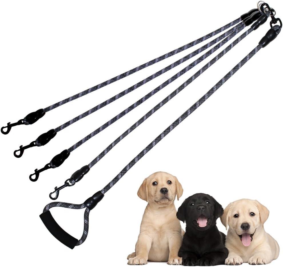 Dual Dog Leash 360° Tangle-Free - Reflective Heavy Duty, Comfortable Handle for Small/Medium/Large Dogs, Support Multiple Rope Addition (Black 1, Four Leashes) 25 in
