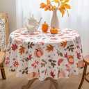 2 x Thanksgiving Waterproof Tablecloth  Fall Harvest Pumpkins, Maple Leaves & Berries Print  Autumn Rectangle Table Cover for Dining or Party, White, 60" Round