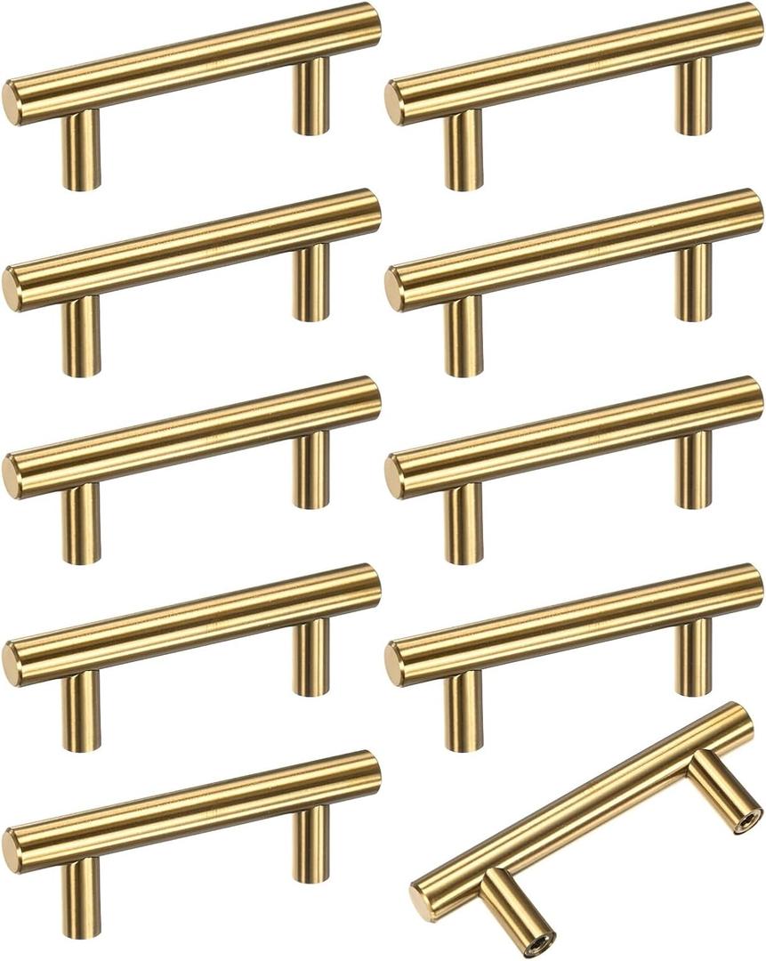 10-Pack Cabinet Pulls Knobs, 3.9" Modern Stainless Steel T Bar Knobs Double Hole Handles for Dresser Drawers/Office Decorative/Kitchen Bathroom Door [Gold]