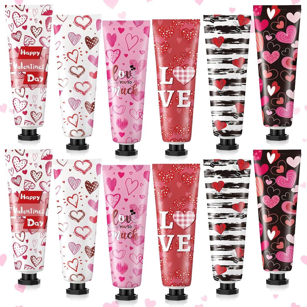12 Pcs Valentine's Day Hand Cream Gift Bulk Valentine Gift Basket Stuffers Love Heart Moisturizing Galentine's Hand Lotion Bulk Small Dry Cracked Care Cream for Women Friends Seniors Clients, 30 ml