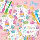 2 x 96 Pcs Happy Easter Plates and Napkins Forks Sets - Colorful Eggs Themed Round Tableware, Disposable Spring Flowers Paper Plates Napkins Set for Easter Party Supplies Favors Table Decor, Serves 24
