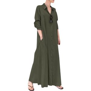 YMING Womens Cotton and Linen Shirt Dress Casual Loose Blouse Dress Solid Color Maxi Dresses Plus Size,  X-Large, Army Green