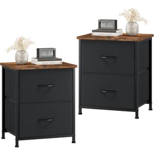Somdot Nightstand Set of 2, Small Dresser for Bedroom with 2 Drawers,Night Stand Bedside Table End Table with Fabric Bins for Bedroom Kids Closet Dorm Guest Room, Black Rustic Brown
