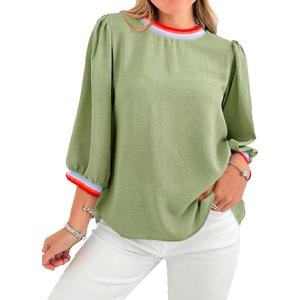 Tankaneo Womens 3/4 Sleeve Puff Tops Casual Loose Fit Patchwork Blouse Crew Neck T Shirts Tunic (L)