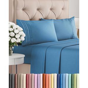Queen Size 4 Piece Sheet Set - Comfy Breathable & Cooling Sheets - Hotel Luxury Bed Sheets for Women & Men - Deep Pockets, Easy-Fit, Soft and Wrinkle Free Sheets - Denim Blue Oeko-Tex Bed Sheet Set