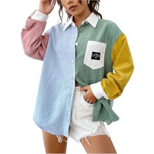 OYOANGLE Women's Corduroy Button Down Shirts Boyfriend Long Sleeve Drop Shoulder Colorblock Letter Patched Blouses Coats, X-Small, Green