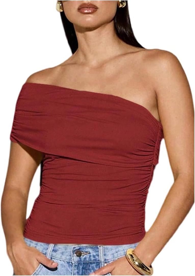 SOLY HUX Women's Ruched Tank Top One Shoulder Asymmetrical Neck Slim Fitted Summer Tops (S)