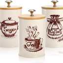 Youeon Small Canister Sets for Kitchen Counter, 25 Oz Coffee Sugar Tea Canister Set, Metal Vintage Kitchen Container 3 Pack, Food Storage Containers with Bamboo Lid, Farmhouse Decor, Beige