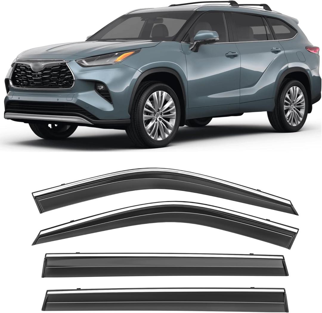 Shatterproof Taped-On Window Deflectors for Toyota Highlander 2020-2025 with Chrome Trim, Rain Guards, Window Visors for Car, Vent Deflector, 4pcs