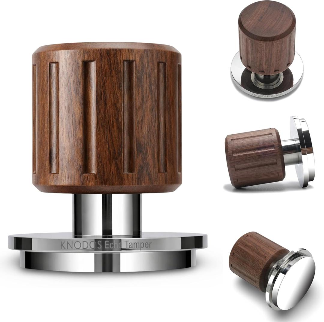 KNODOS Echo Tamper 58mm – Walnut Calibrated Coffee Tamper with Click Feedback, Stainless Steel Base – Premium 30LB Spring Loaded Espresso Tool for Perfectly Even Tamping Pressure